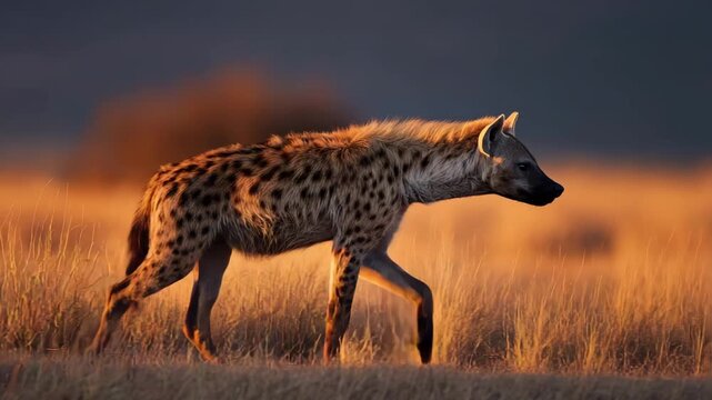 Spotted hyena walking through golden savanna grassland at sunset light