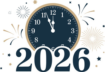 New year 2026 celebration with clock showing midnight, fireworks, stars on transparent background