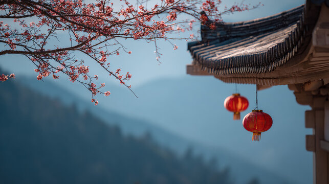 Asian temple roof with traditional red lanterns hanging, decorated with blossoming cherry tree branches. Chinese New Year celebration background.