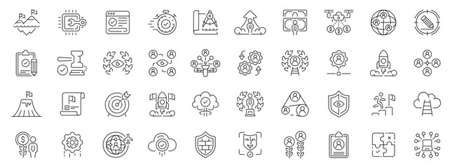 Simple goals icons set: editable line icons, outline, success and achievement symbols
