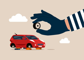 Thief stealing car wheel, burglar hand with car parts. parked car without wheels. City criminal scene. Modern vector illustration in flat style