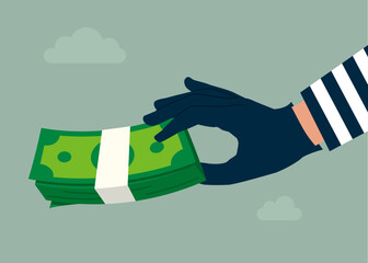 Thief stealing money stack with a check, burglar hand with money. Fraud and failure business. Modern vector illustration in flat style