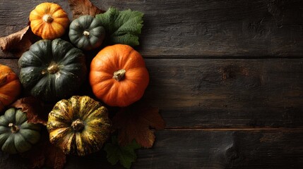 Autumnal arrangement of pumpkins on dark wooden table rustic harvest still life photography