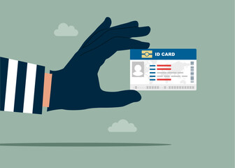 Thief stealing ID card, burglar hand with document. Cyber Attack, Censorship. Modern vector illustration in flat style