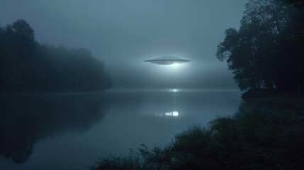 Fog covered lake with dim reflections hovering metal unidentified flying object. Alien invasion and sci-fi horror movie concept. Paranormal mystery