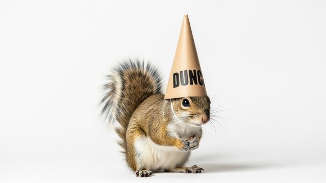 squirrel wearing a dunce cap hat, dim, dumb, stupid, on a white background, animal photo