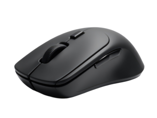 A close-up shot of a black computer mouse placed on a white surface, ideal for use in digital media and technology-related designs