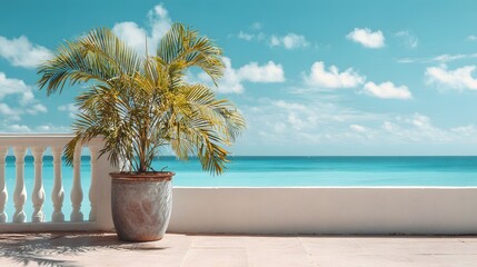 Obraz premium Tropical Balcony Oasis with Palm Tree and Ocean View.