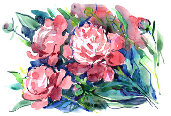 Watercolor painting of pink peonies and green leaves, expressive floral composition in loose artistic style on white background
