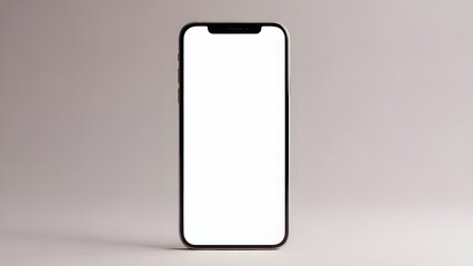 Modern smartphone with a blank white screen standing upright on a light gray background, casting a subtle shadow, perfect for showcasing mobile app designs or website interfaces. isolated PNG