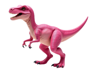 A plastic pink dinosaur toy with its mouth open, suitable for children's play or decorative use