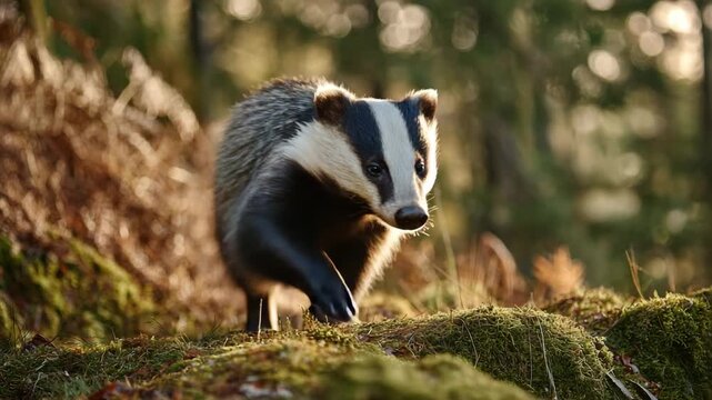 European badger walking through forest floor in warm golden sunlight