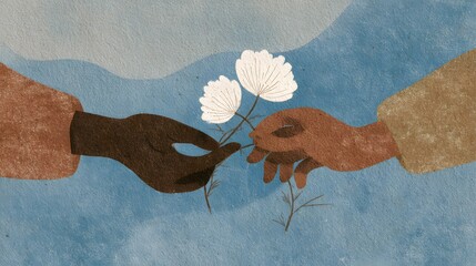 Two hands exchanging flowers symbolizing unity and connection.