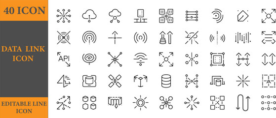 40 data link editable line icons set for network and connection concepts