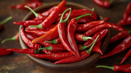 Close up of Fresh red chili peppers piled together, symbolizing spice, heat, bold flavor, and culinary ingredients.