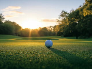 Golf ball resting on a green field during sunrise, symbolizing sports, leisure, focus, and outdoor lifestyle.