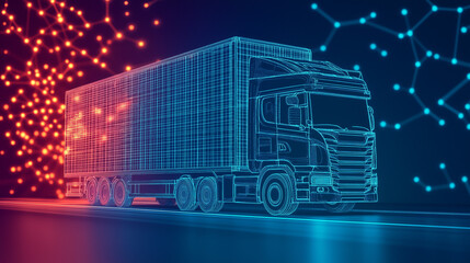 Futuristic digital blueprint of a truck, representing logistics technology, transportation innovation, and smart supply chains.