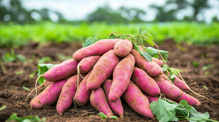 Freshly harvested sweet potatoes placed on soil, symbolizing agriculture, organic farming, and natural produce.