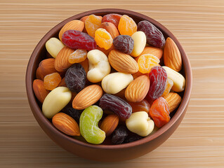 A bowl filled with assorted dry fruits and nuts, representing healthy snacking, nutrition, and balanced diet.