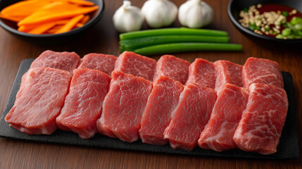 Fresh raw meat slices arranged with garlic and green vegetables, representing cooking ingredients, protein-rich food, and culinary preparation.