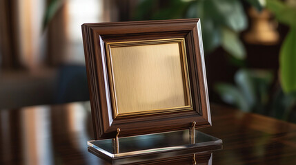 Photo frame on wooden table