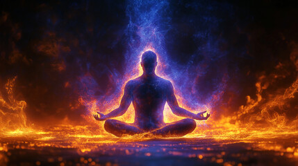 Yoga in the lotus position of a Arora fire and cool concept