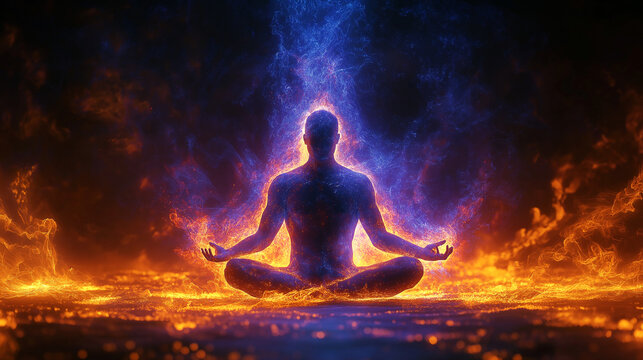 Yoga in the lotus position of a Arora fire and cool concept