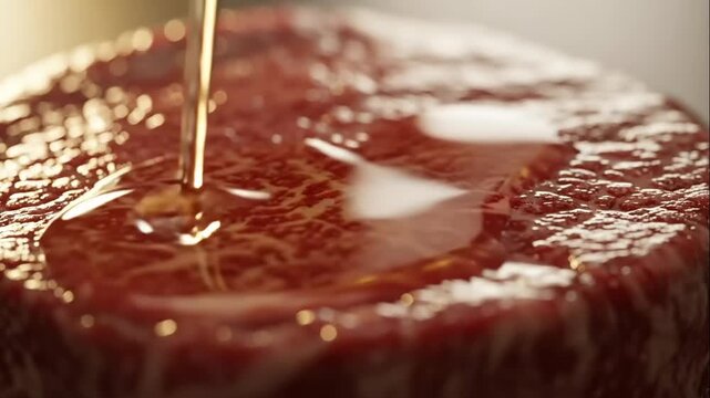 Close up of raw steak being basted with oil during cooking process.