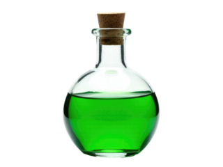 A glass bottle filled with a bright green liquid and topped with a cork, ideal for use in scientific or educational contexts