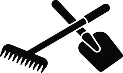 Silhouette Crossed Shovel and Rake Garden Tools Vector Illustration