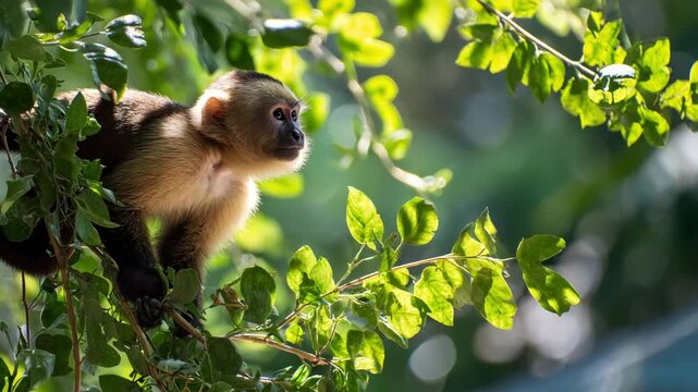 Capuchin Monkey Sitting on Tree Branch in Lush Green Forest