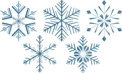 Set of seven different blue frozen winter snowflakes transparent background design element for christmas