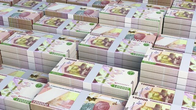 Uzbekistan 100,000 Som Banknote Horizontal 3D Animation ? Financial Money Flow, Business and Banking Economy, Currency Exchange and Investment Concept