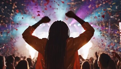 Audience member with long braids raising arms dancing at a crowded night concert with bright neon lights