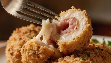 Close-up of a fried, breaded food item with gooey cheese and sausage center being pierced by a fork