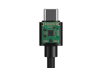 USB cable with microchip on connector USB cable circuit board isolated on a transparent background