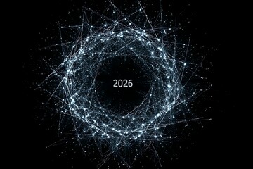 A drone show designing a sparkling network of connections representing global unity, forming "2026