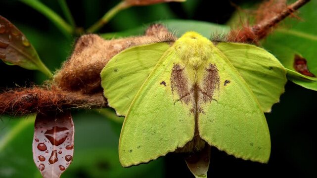 A detailed close-up video showing a female rose-myrtle lappet moth freshly emerged from its cocoon in natural surroundings during the monsoon season in Himachal Pradesh, India.