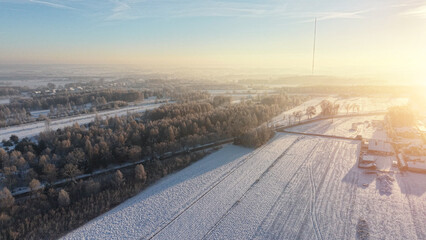 Aerial panoramic view of the snowy winter forest