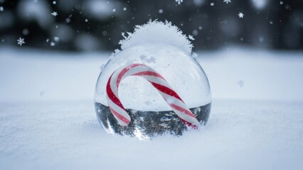 A red and white candy cane captured inside a glass orb on fresh snow