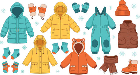 Children winter clothing collection, jackets coats mittens socks boots hats scarf snowsuit raincoat vest, cozy fashion, flat vector illustration