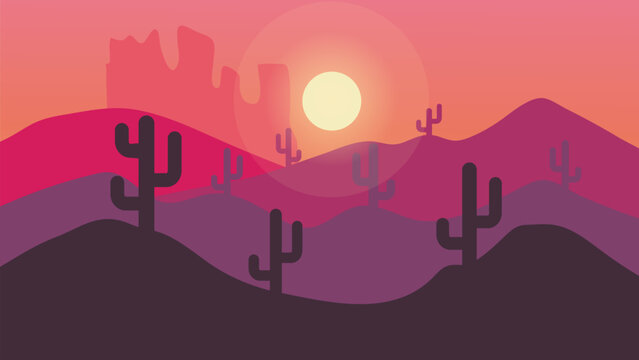 Desert Landscape Flat Illustration Sunset Sunrise Cactus Silhouette Mountains.Vector Background