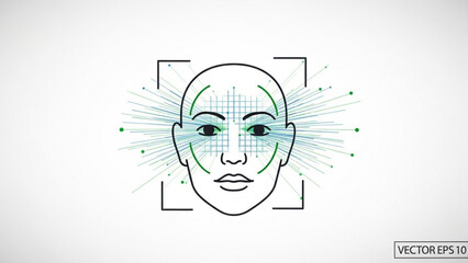 Fototapeta premium Facial Recognition Scan of Human Face with Digital Data, Biometric Identification Technology Vector Illustration