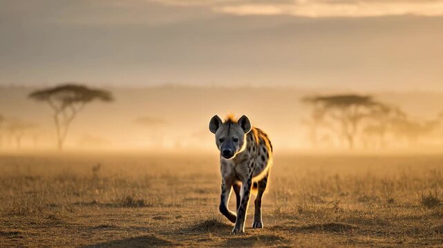 Spotted hyena walking across African savanna at golden sunrise