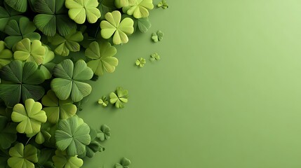 A vibrant arrangement of textured green four leaf clovers against a solid backdrop