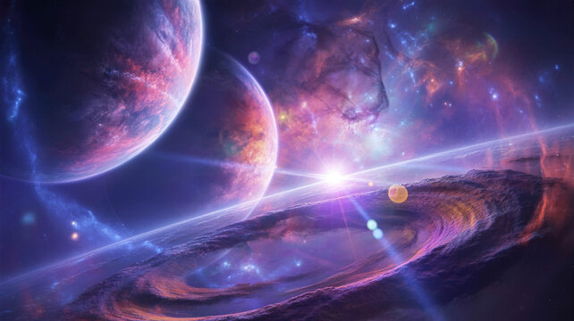 Vibrant cosmic scene with planets and stars in a colorful galaxy
