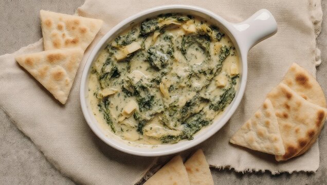 Creamy spinach and artichoke dip served in a white oval dish with toasted bread
