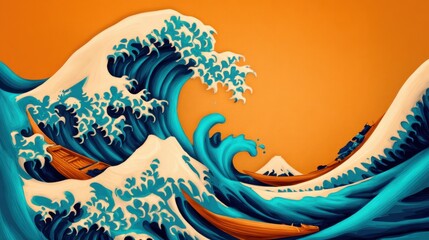 Obraz premium A vibrant depiction of crashing waves and boats against an orange background, inspired by traditional Japanese art.