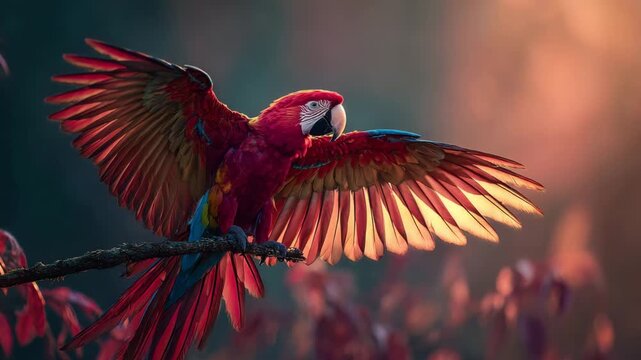 Colorful macaw parrot spreading wings on tree branch in tropical forest