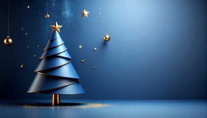 Niebieskie tło świąteczne z abstrakcyjną, artystyczną choinką i miejsce na tekst. Boże Narodzenie, Sylwester